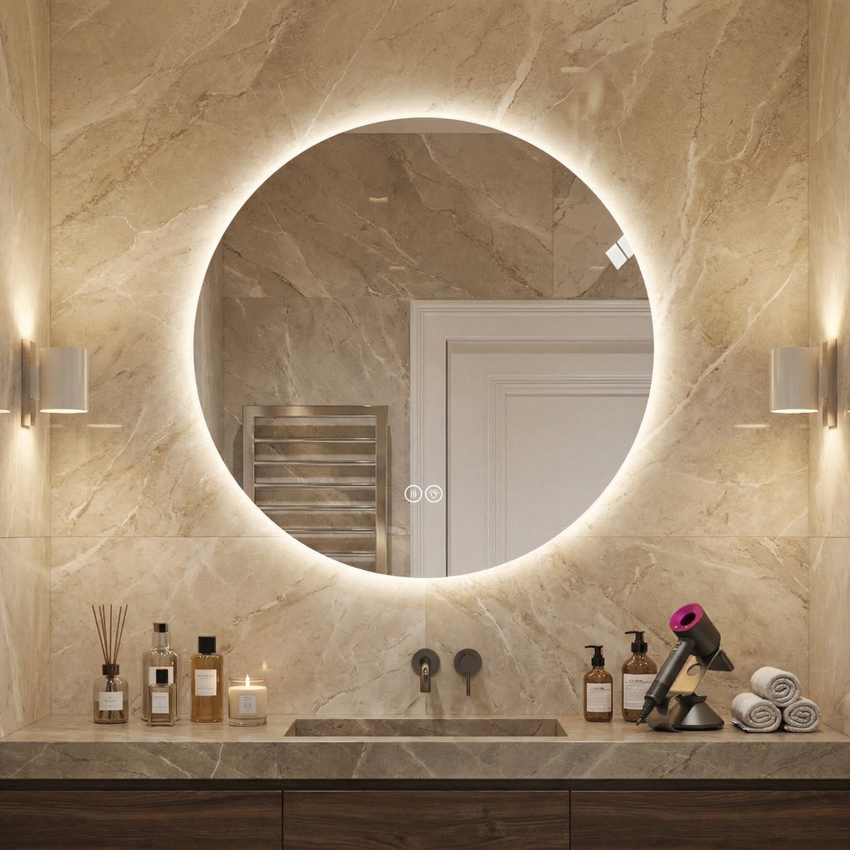 Ronde LED-badkamerspiegel van 80 cm, met achtergrondverlichting, anti-condenslaag, 3 lichtkleuren, traploos dimmen, geheugenfunctie, aanraakschakelaar en 5 mm kopervrije HD-zilveren spiegel