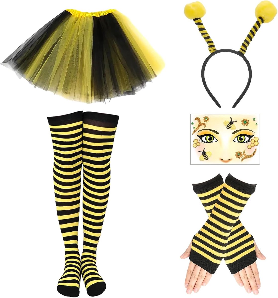 Complete bijen kostuumset voor volwassenen met haarband, tule rok, gestreepte kniekousen en lange handschoenen voor carnaval en cosplay