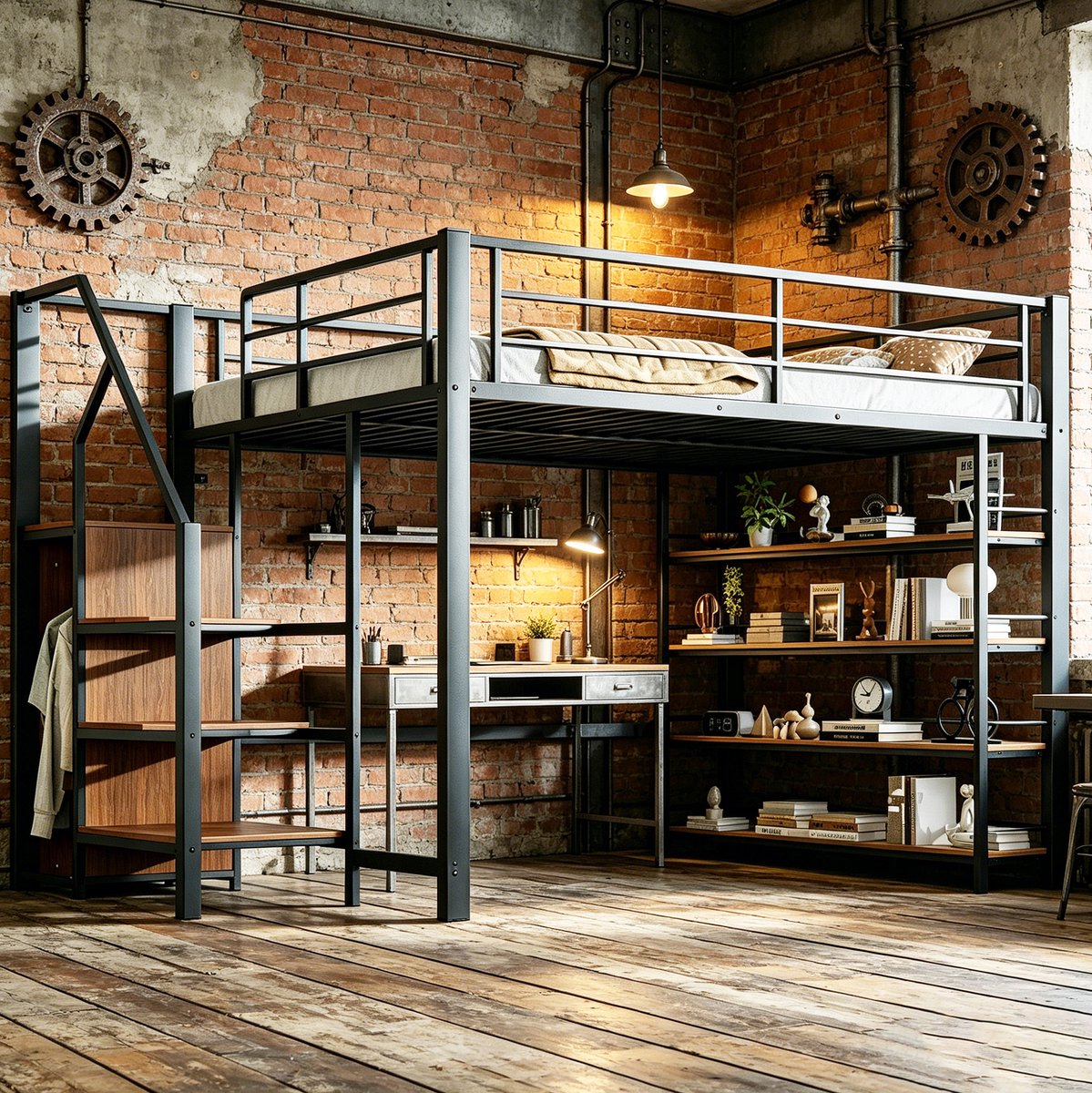 STILVORA Hoogslaper 140x200 cm – Met Veiligheidstrap – Opbergruimte, Kleerkast & Planken – Voor Kinderen – Metaal – Zwart – Zonder Matras