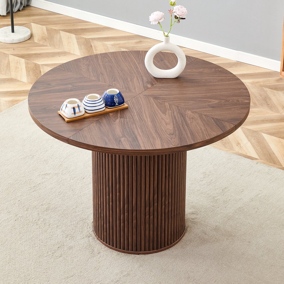 OKWISH Ronde Eettafel 100 cm Walnoot MDF voor 4 tot 6 Personen met Zuilvoet en Metalen Steun 76 cm Hoog voor Eetkamer Keuken