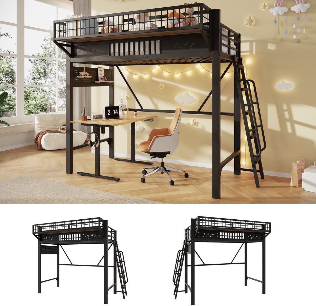 FloraGrace Hoogslaper 90 x 200 cm – Metalen Bedframe – Met Opbergruimte – Open Onderste Verdieping – Zonder Matras – Zwart