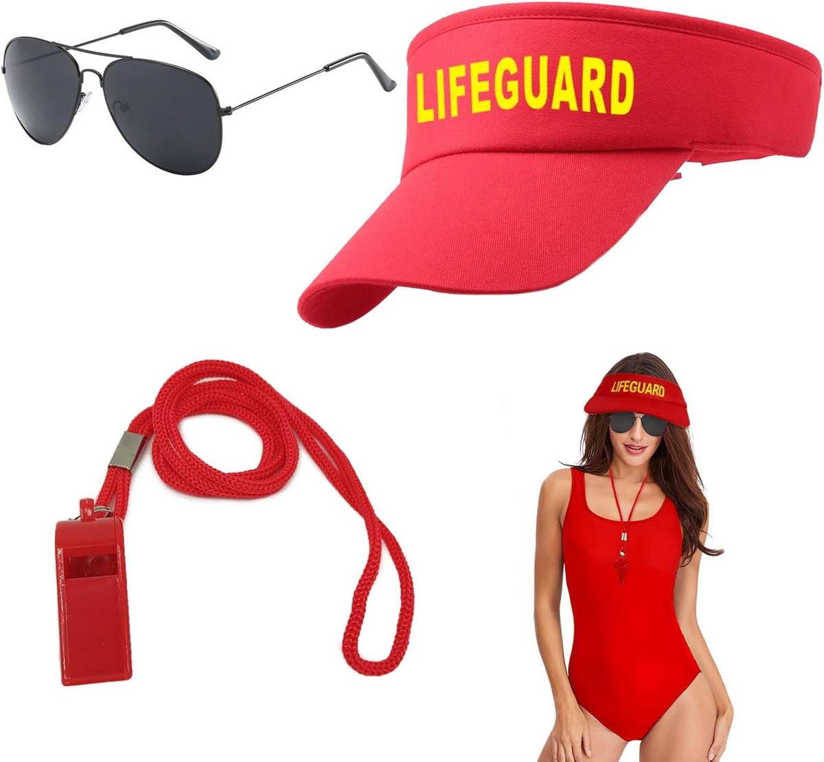 3-delige zwempak set met verstelbare rode zwemhoed, fluitje en zonnebril voor volwassenen, ideaal voor strandfeesten, carnaval en Halloween