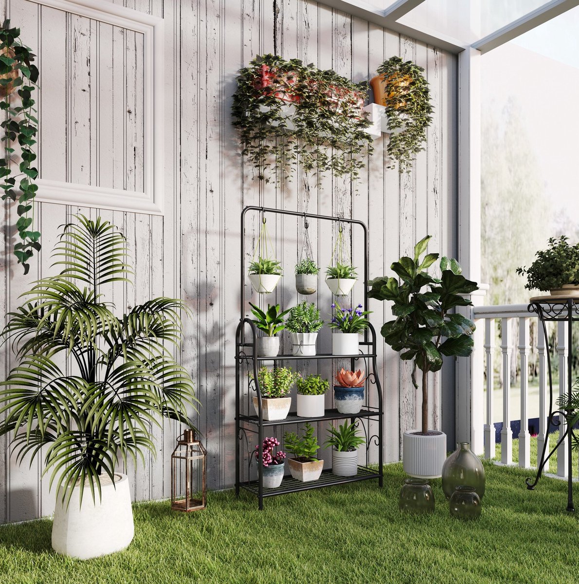 MODFU - Plantenstandaard - 3 Etages - Hangstang Met Haken - Metaal - Zwart - 137 Cm