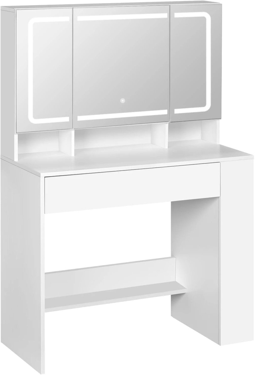 Klarven Kaptafel Wit - Kaptafel Met Spiegel En Verlichting - Kaptafel Met Spiegel - Kaptafel Spiegel - Led-kaptafel - Vanity Table - Dimbare Led-verlichting - Ruime Opbergruimte Met Lade En Kasten - B90xd40xh135cm