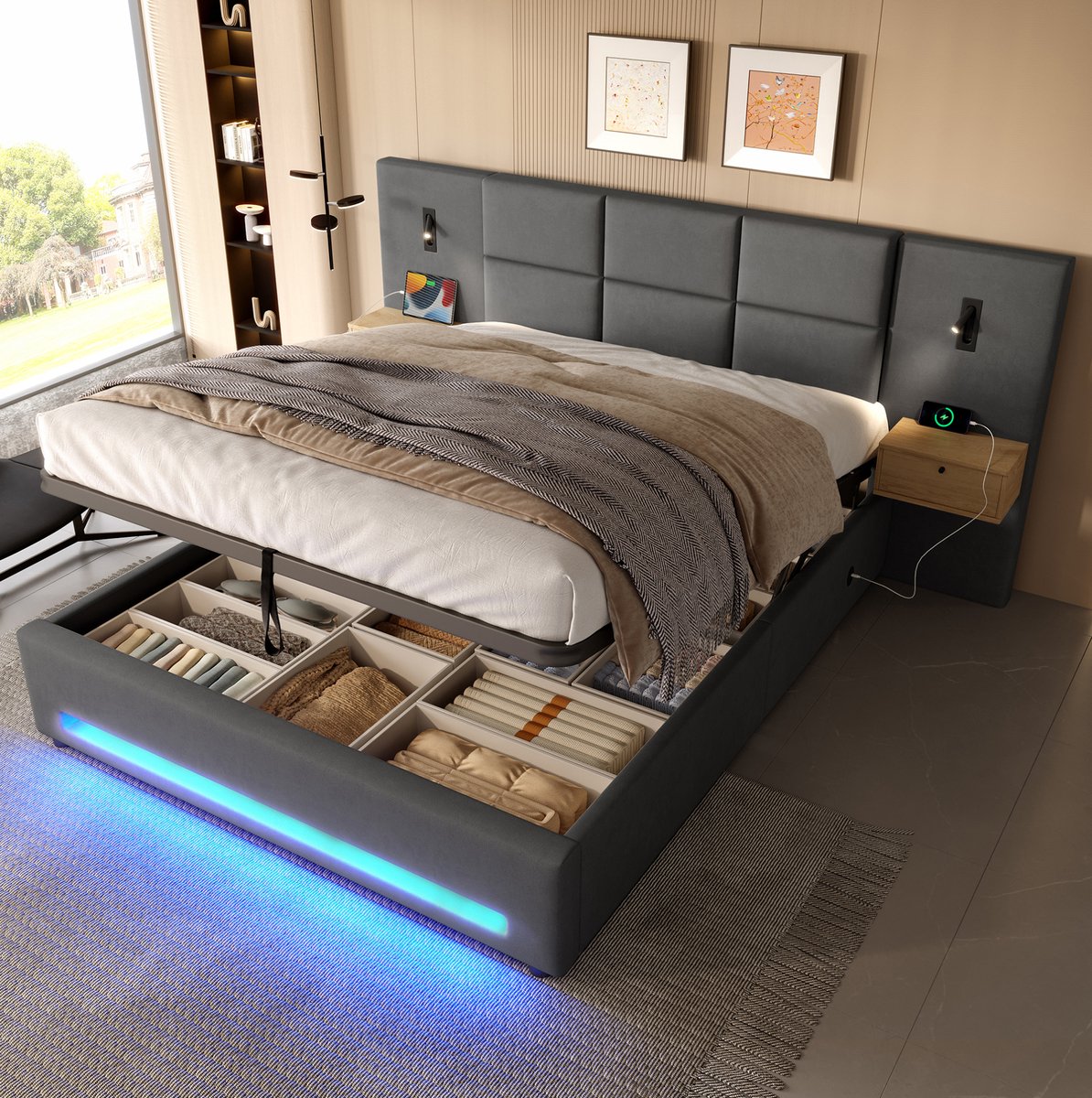 REDOM - Tweepersoonsbed - Hydraulische opbergruimte - LED-verlichting en USB-C-aansluitingen - Velours - Donkergrijs - 160 x 200 cm