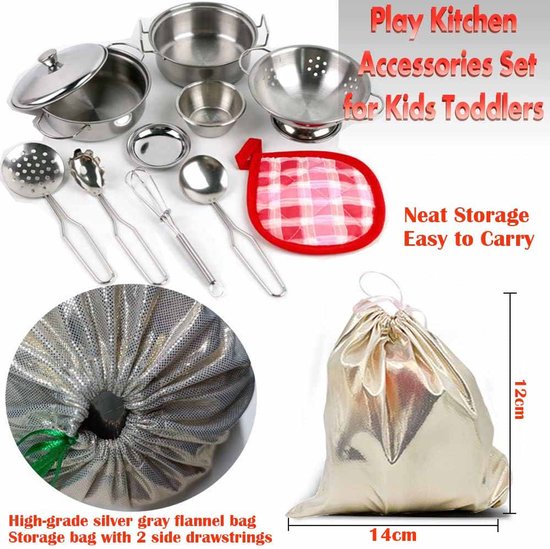 Kinder Keuken Kookgerei Set - Roestvrijstalen Speelgoed Keuken Pannen en Potten - Veilig Kook Speelset voor Kinderen - Imaginatief Rollenspel Speelgoed voor Jongens & Meisjes - 11 Stuks — afbeelding 5
