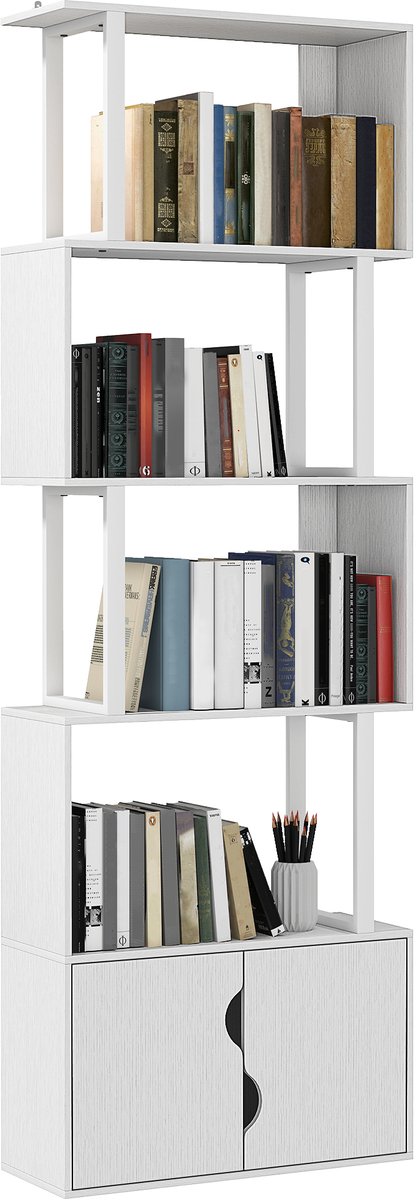 ECTEATOY® Boekenkast - Vakkenkast met 5 niveaus en 2-deurs kast - houtlook - 60 x 23,8 x 179,2 cm - wit