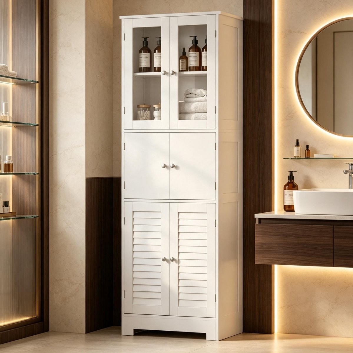 REDOM - Badkamer opbergkast - 6 deuren - 2 glazen deuren - verstelbare legplanken - vrijstaand - MDF en glas - wit - 60 x 30 x 170,5 cm