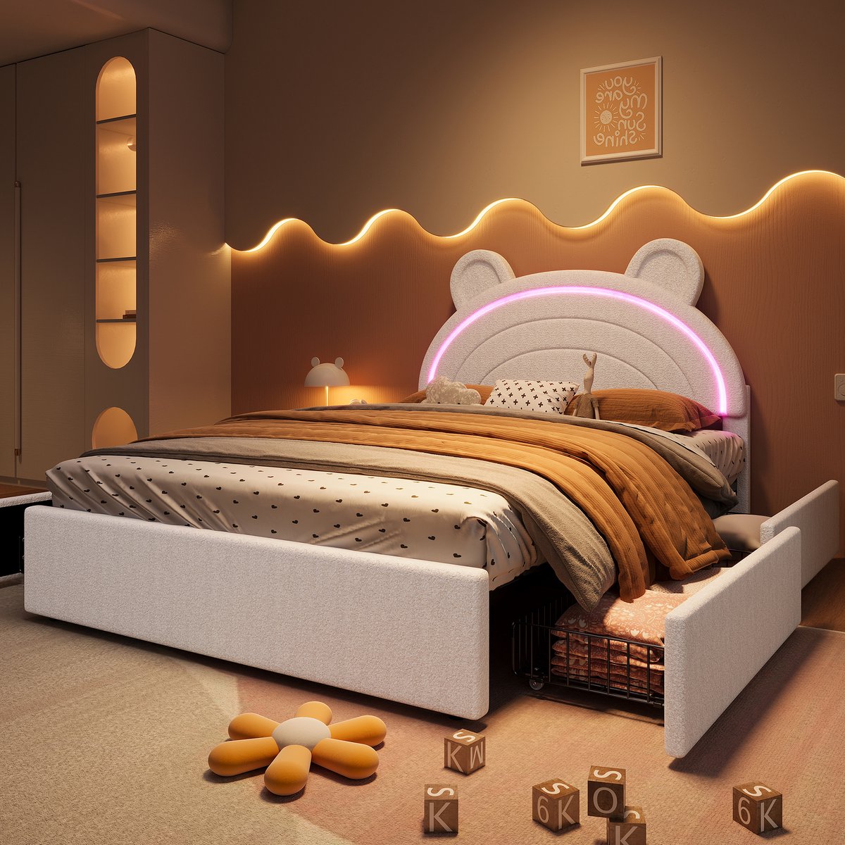 AURA LUMEN Gestoffeerd bed Twijfelaarbed 140 x 200 cm met Bären-kopbord LED-verlichting per app Schubladen Beige
