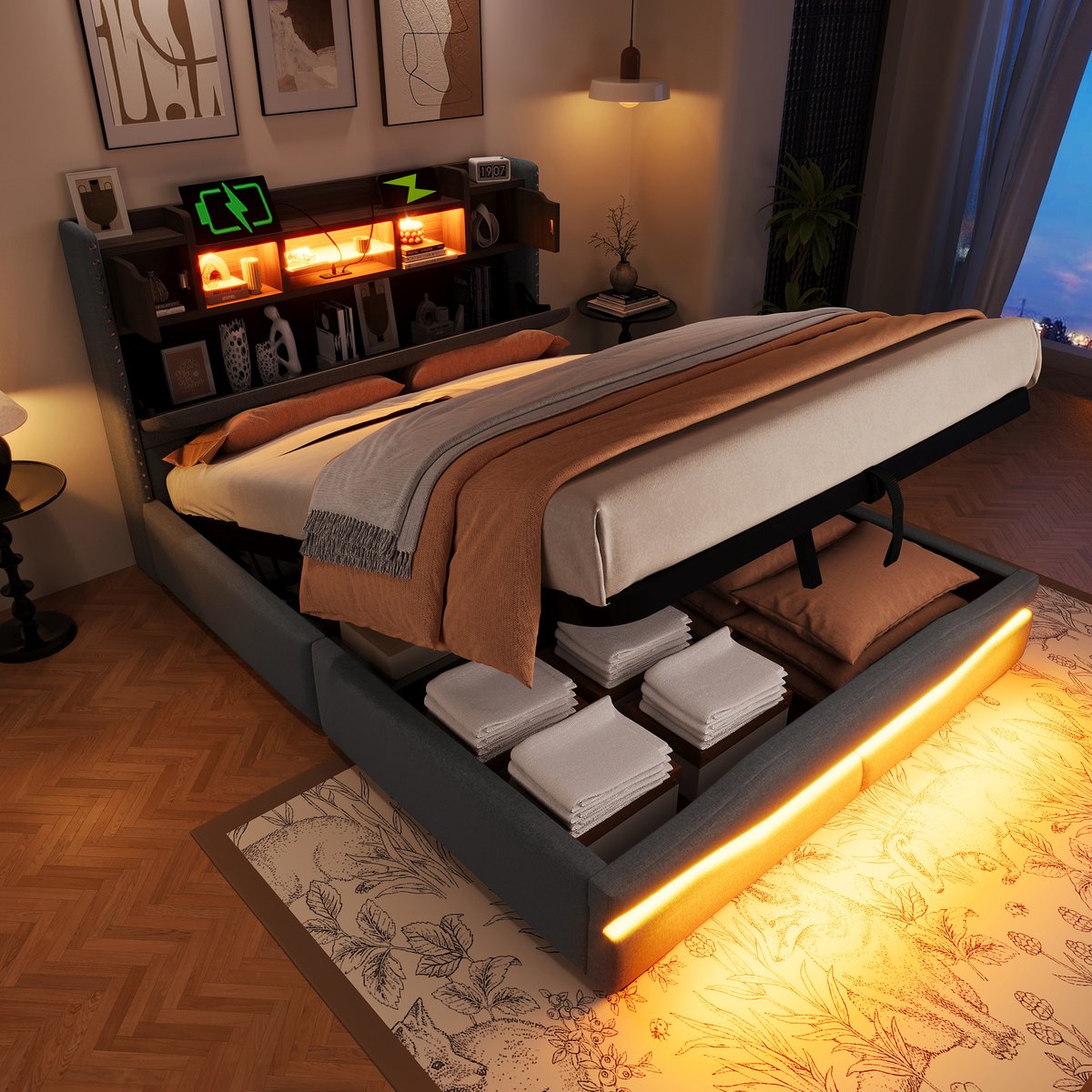 AURA LUMEN Gestoffeerd bed Twijfelaarbed 140 x 200 cm Hydraulisch opbergbed met LED-ambienteverlichting en USB-ladefunctie Grijs