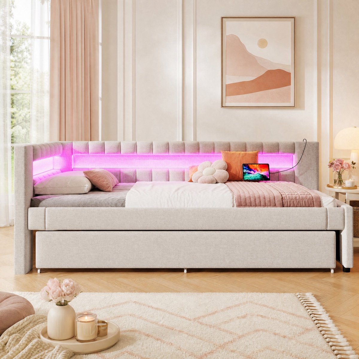 WUVRIE Bedbank 90x200 cm met uittrekbed, LED-verlichting, USB en Type-C, beige