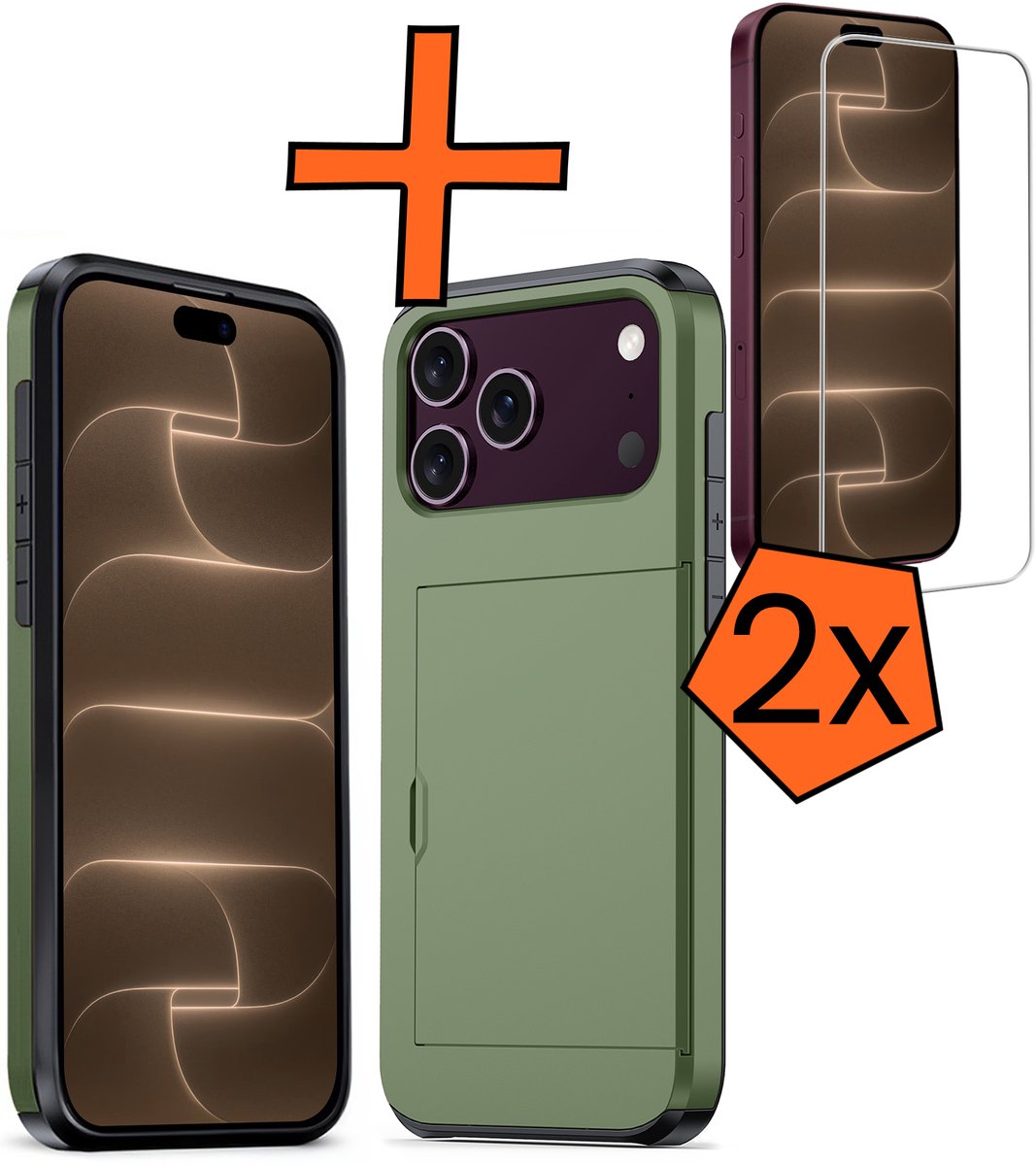 Hoesje Geschikt voor iPhone 18 Pro Hoesje Pasjeshouder Shockproof Hard Case Met 2x Screenprotector - Hoesje Geschikt voor iPhone 18 Pro Hoes Met Kaarthouder - Donkergroen