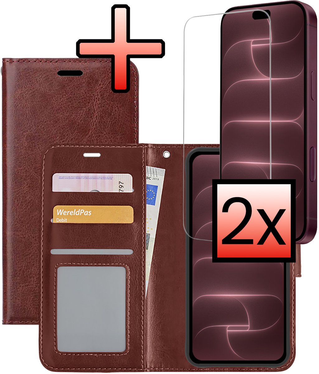 Hoesje - Met 2x Screenprotector - Geschikt voor Apple iPhone 18 Pro Max - Luxe Pasjeshouder - Bookcase Portemonee - Flip Case - Kunstleer Book Case - Flipcase Hoes - Book Cover - Walletcase - Portemonneehoes - Bruin