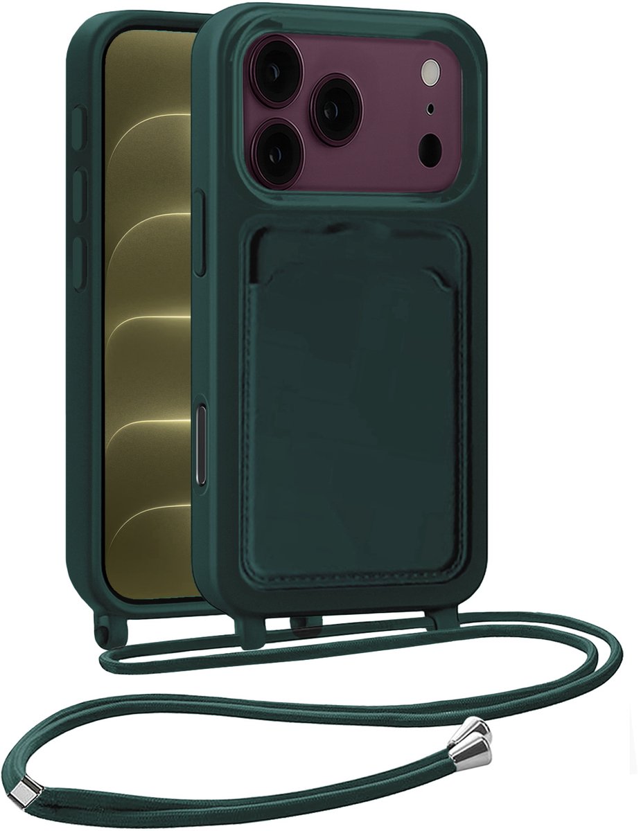 Hoesje Geschikt voor iPhone 18 Pro Max Hoesje Met Koord Siliconen Case - Hoes Geschikt voor iPhone 18 Pro Max Backcover Met Afneembaar Koord - Donkergroen