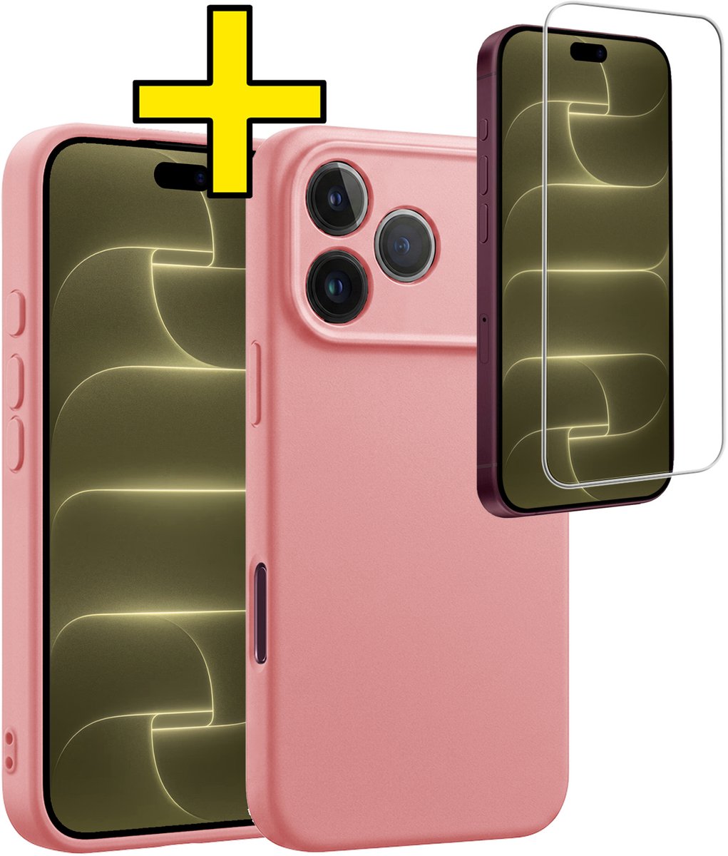 Hoesje - Met Screenprotector - Geschikt voor Apple iPhone 18 Pro - Sterk & Shockproof - Back Cover - Siliconen Case - Telefoon Hoes - Telefoonhoesjes - Lichtroze