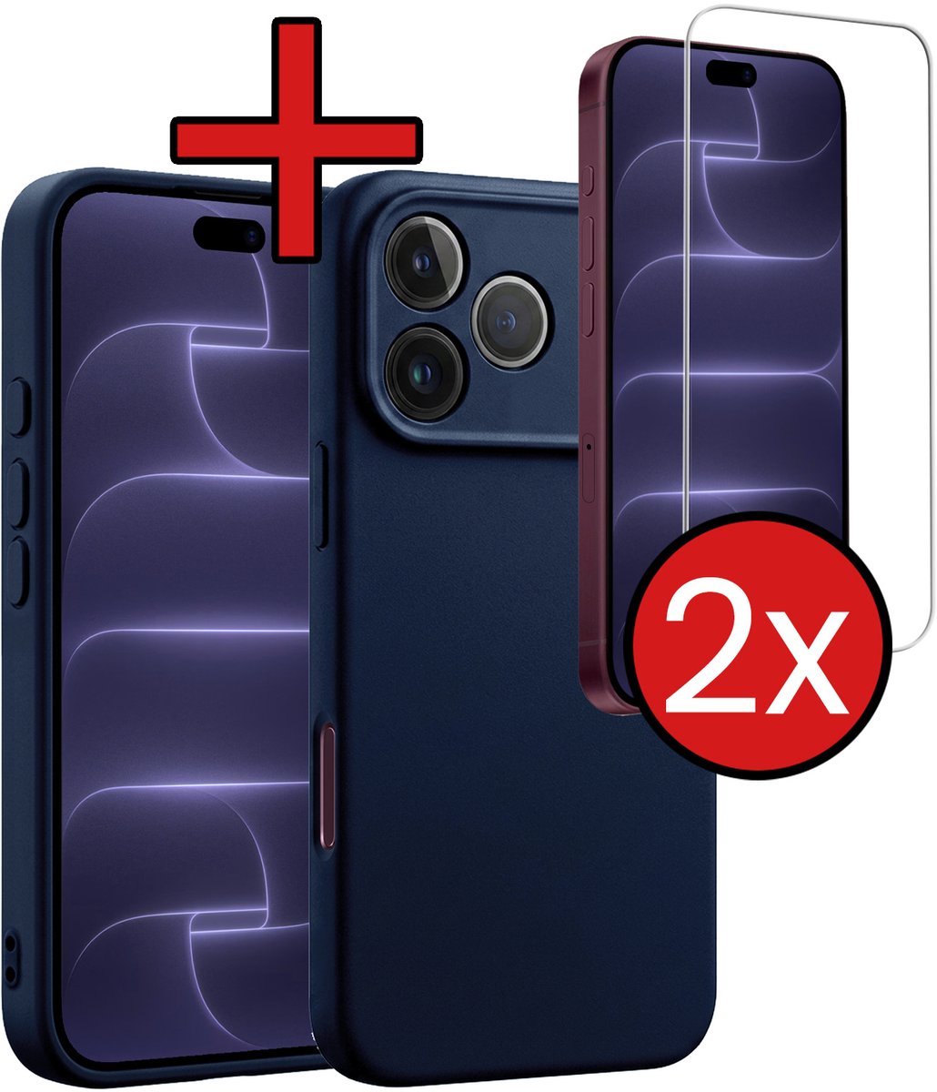 Hoesje - Met 2x Screenprotector - Geschikt voor Apple iPhone 18 Pro - Sterk & Shockproof - Telefoon Hoes - Back Cover - Siliconen Case - Telefoonhoes - Donkerblauw