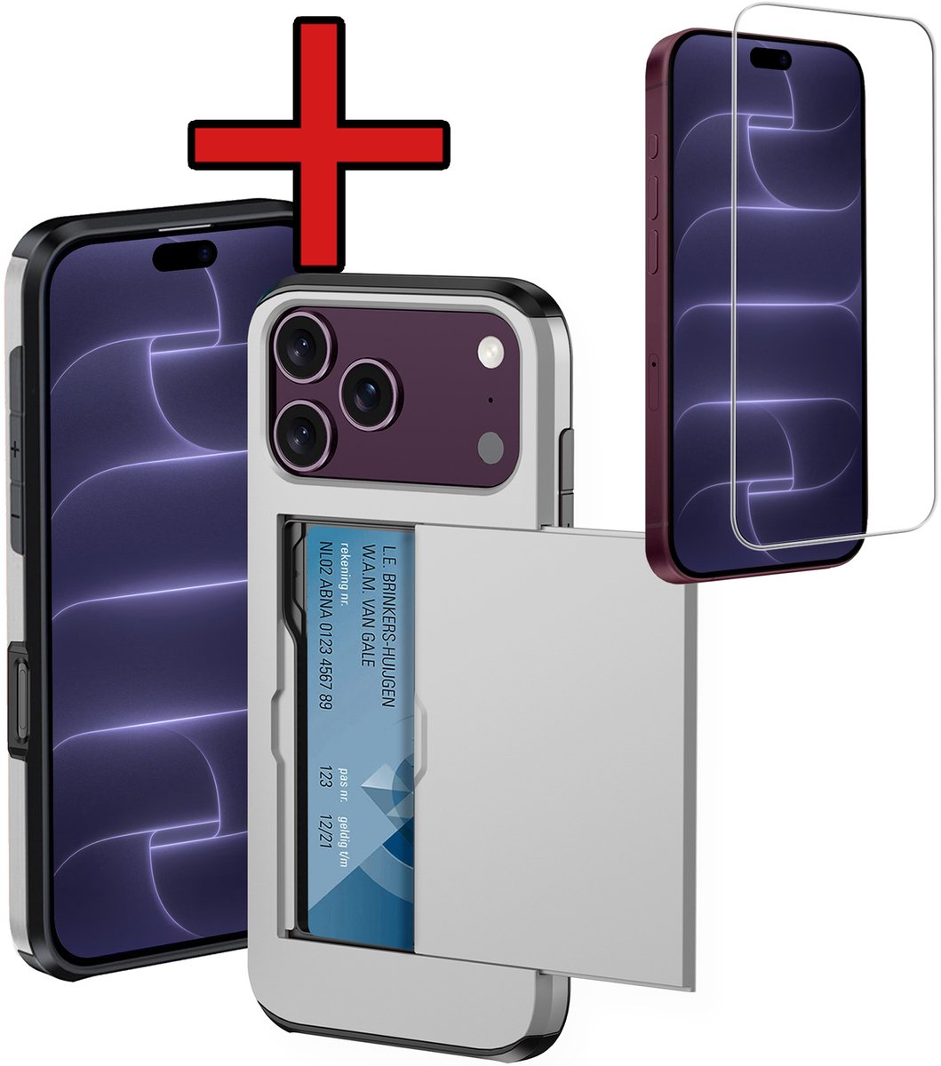 Hoesje Geschikt voor iPhone 18 Pro Hoesje Met Pasjeshouder Hard Case Met Kaarthouder Met Screenprotector - Hoes Geschikt voor iPhone 18 Pro Hoesje Pashouder Case - Grijs