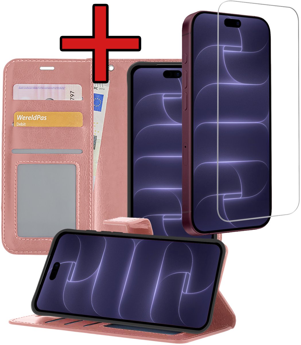 Hoesje - Met Screenprotector - Geschikt voor Apple iPhone 18 Pro - Luxe Pasjeshouder - Flipcase - Bookcase Portemonee - Flip Case - Kunstleer Book Case - Book Cover - Walletcase - Portemonneehoes - Telefoonhoes - Rosé goud