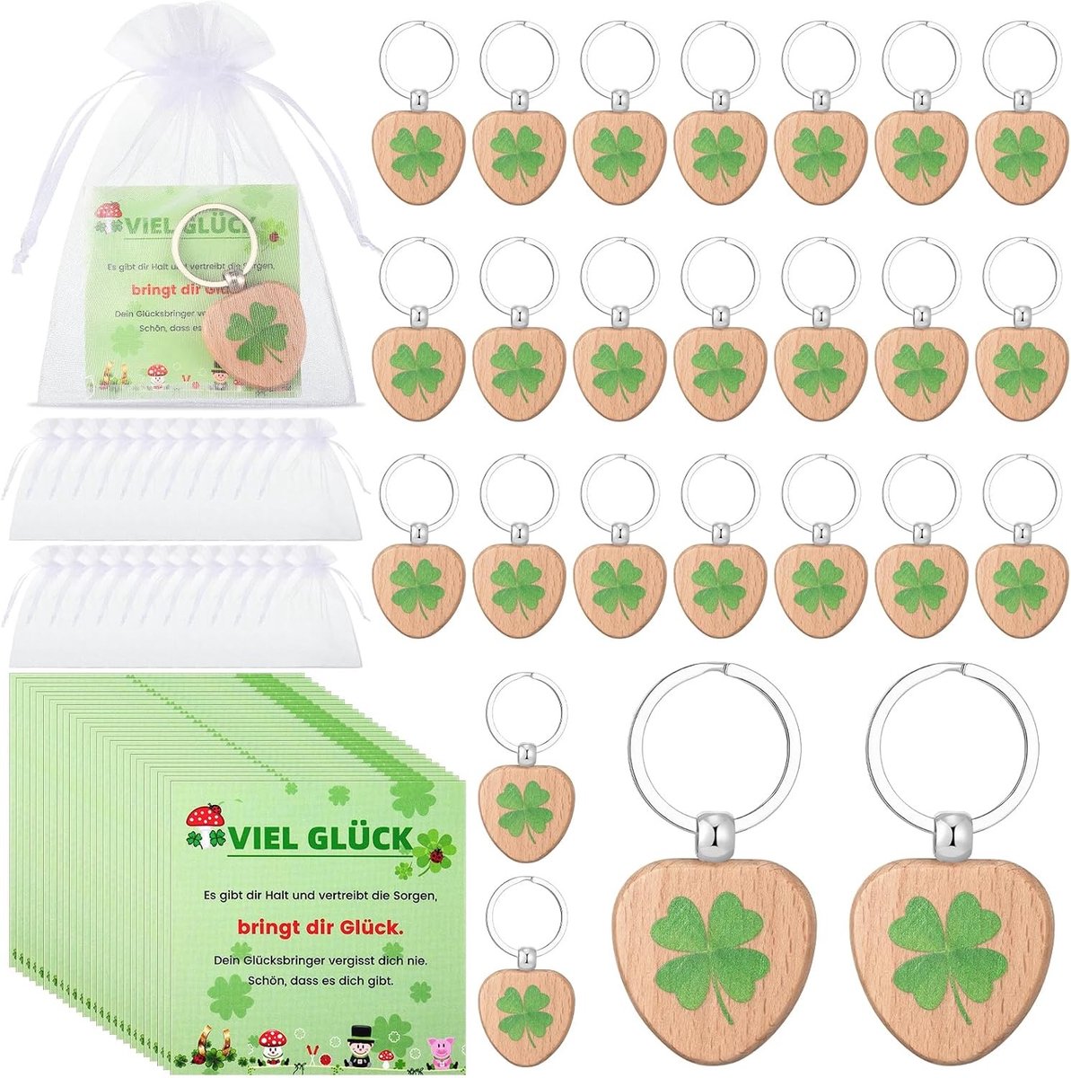 24-delige Cadeauset met Houten Klavertjes Sleutelhangers, Wenskaart en Organza Tassen voor Vrouwen en Collega's