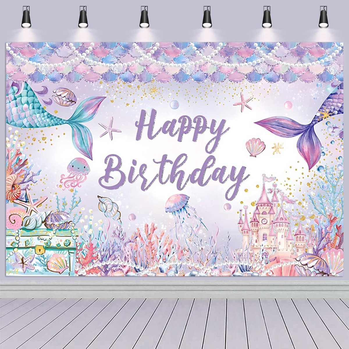 2,1 x 1,5 m fotoachtergrond zeemeermin onder de zee dromerig visstaart kasteel glitter zeemeermin Happy Birthday - ShopVlot