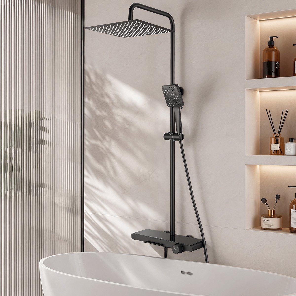 Auralum Max Regendoucheset met Badkraan - Inclusief Thermostaatkraan met Onderuitloop - Ø 30 cm Regendouche - Handdouche Met 6 standen - Grote Opbergplaat - Doucheset - Verstelbare Hoogte 89-126 cm - Zwart