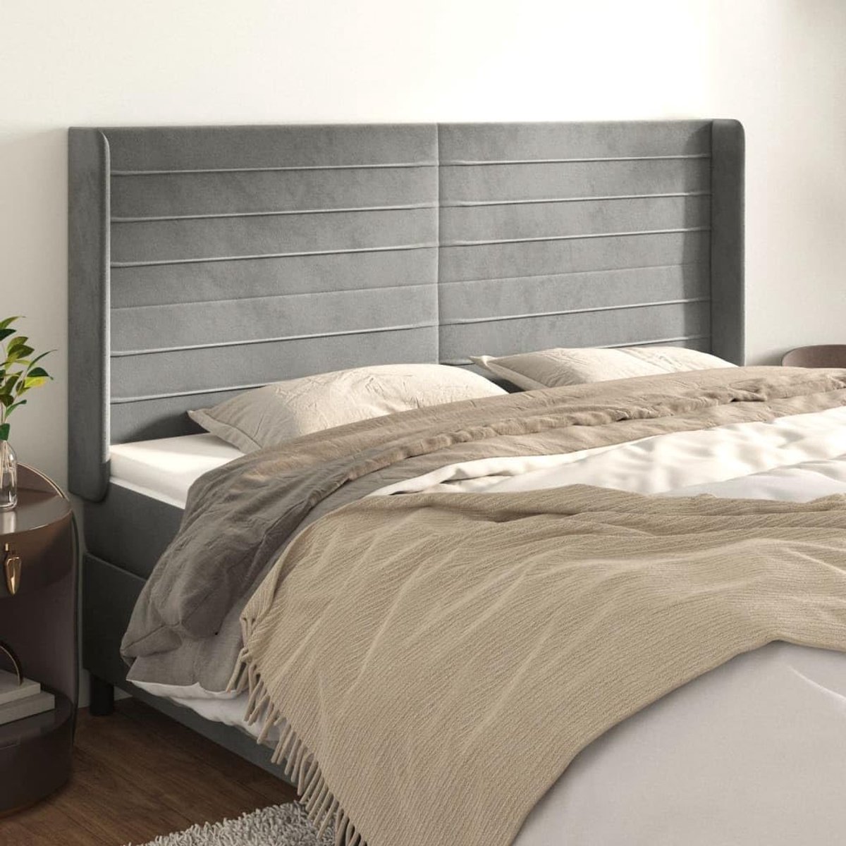 Hoofdsteun oor fluweel lichtgrijs 163x16x118/128 cm, verstelbare hoofdsteun bed met houten poten, slaapkamer hoofdeinde met zacht fluweel, voor uitstekende ondersteuning