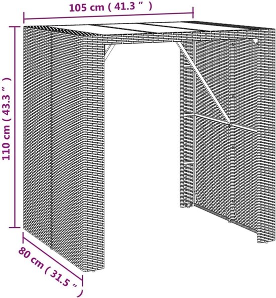 Bartafel met glasplaat, bruin, 105 x 80 x 110 cm, weerbestendige tuintafel met glasplaat van gehard glas en gepoedercoat stalen frame — afbeelding 5