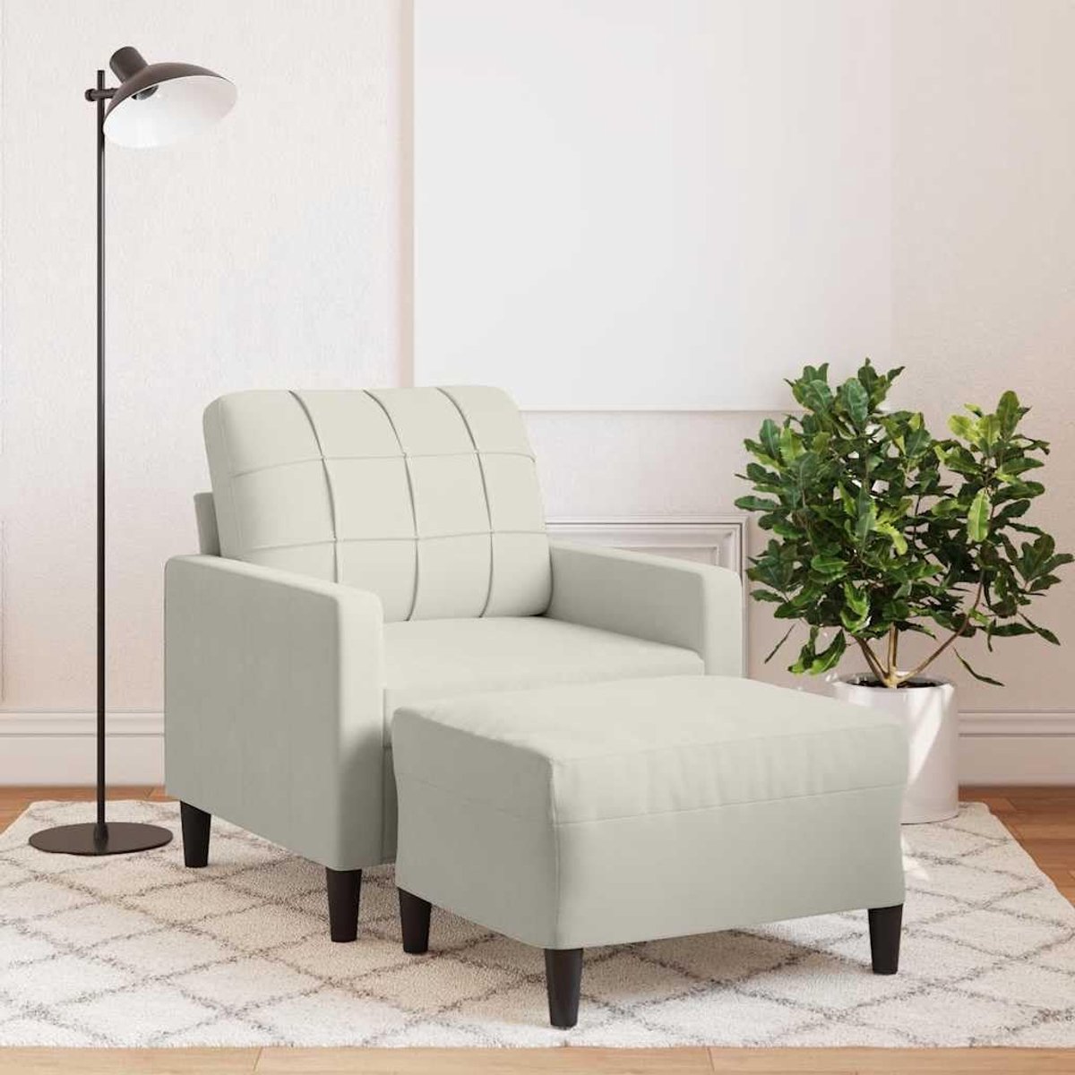 Fauteuil met kruk crème 60 cm fluwelen sofa gestoffeerde stoel woonkamer zitmeubel loungestoel