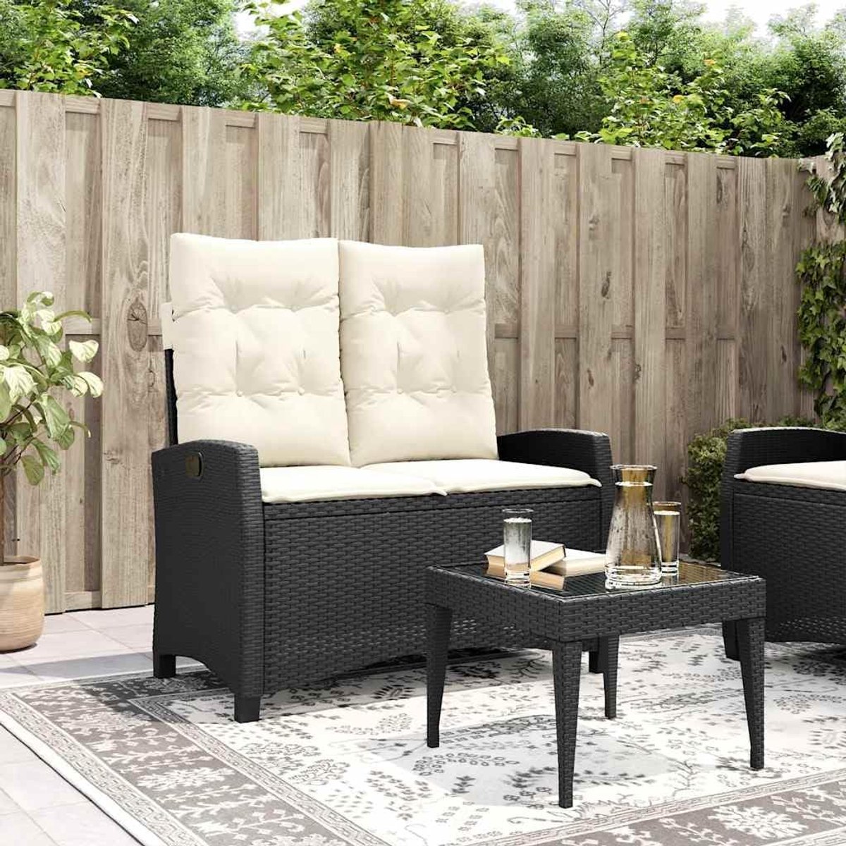 Verstelbaar met kussens poly rattan zwart loungeset buitenmeubel weerbestendig voor tuin balkon terras 2-zits dagbed ligstand afneembare hoes gepoedercoat staal max 110 kg per zitting