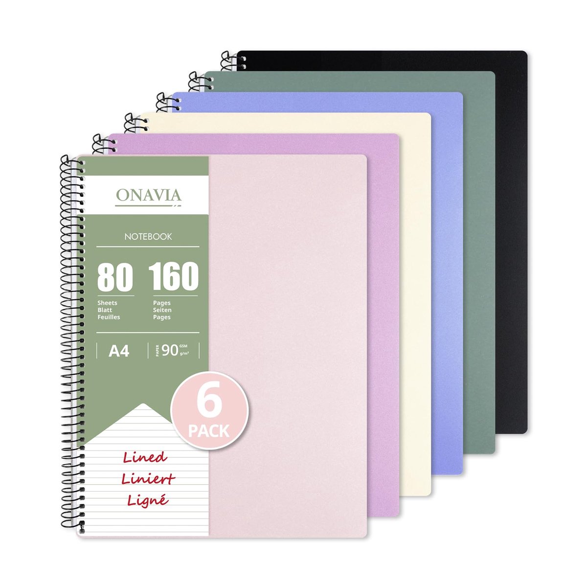 ONAVIA Notitieboek A4 6 Pack, 80 Vellen, 90g/m² Gelinieerd Spiraal, Pastel - ShopVlot