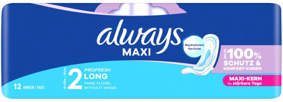 Always Maxi maandverband Profresh Long, maat 2, zonder vleugels, 12 stuks