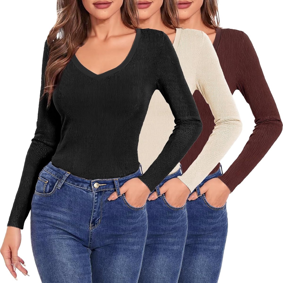 Women's Basic 3-Piece V-Neck Long Sleeve Plain Casual Long Sleeve Undershirt - ShopVlot