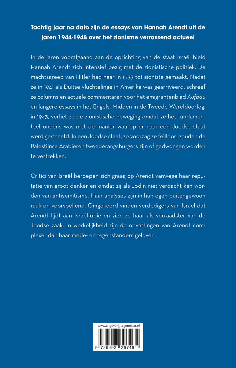 Boekomslag met de titel 'Het zionisme bij nader inzien' en informatie over Hannah Arendts essays uit 1944-1948.