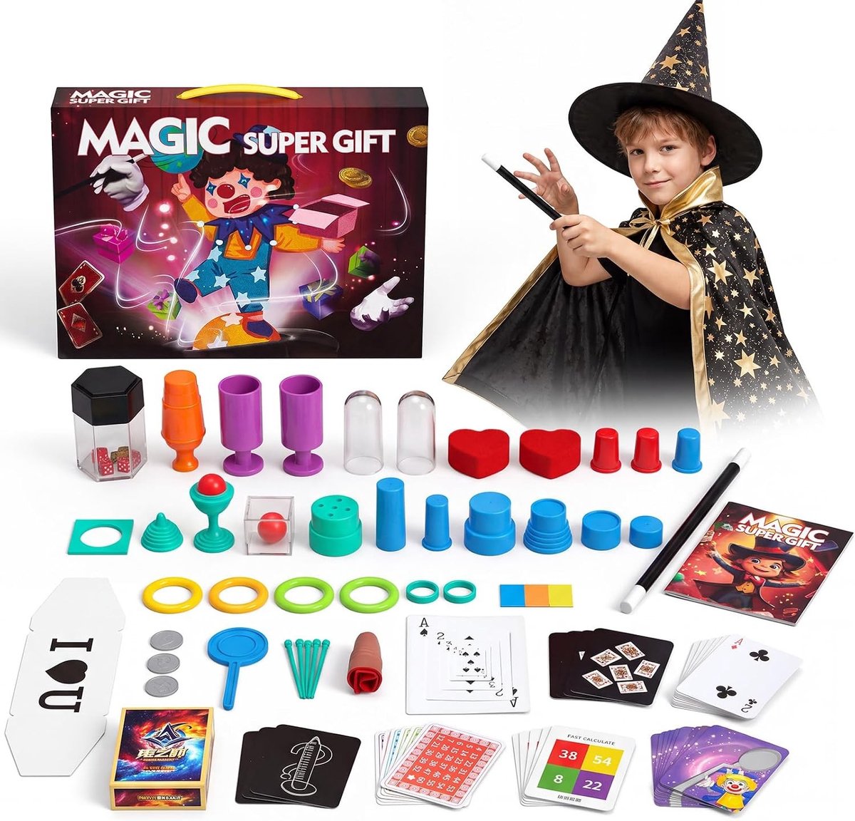 Magische set met tovenaarskostuum, 30 magie trucs voor beginners, video-instructies en uitgebreide accessoires, perfect als cadeau voor verjaardagen, feestjes en school, educatief speelgoed voor kinderen