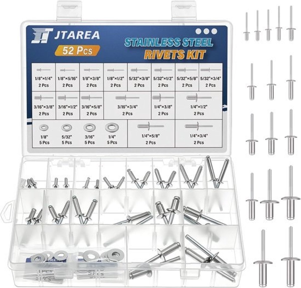 Blindklinknagels van roestvrij staal - Assortiment popnagels - Voor bevestigingen - Set met 16 maten - 32 mm tot 64 mm - Zilver