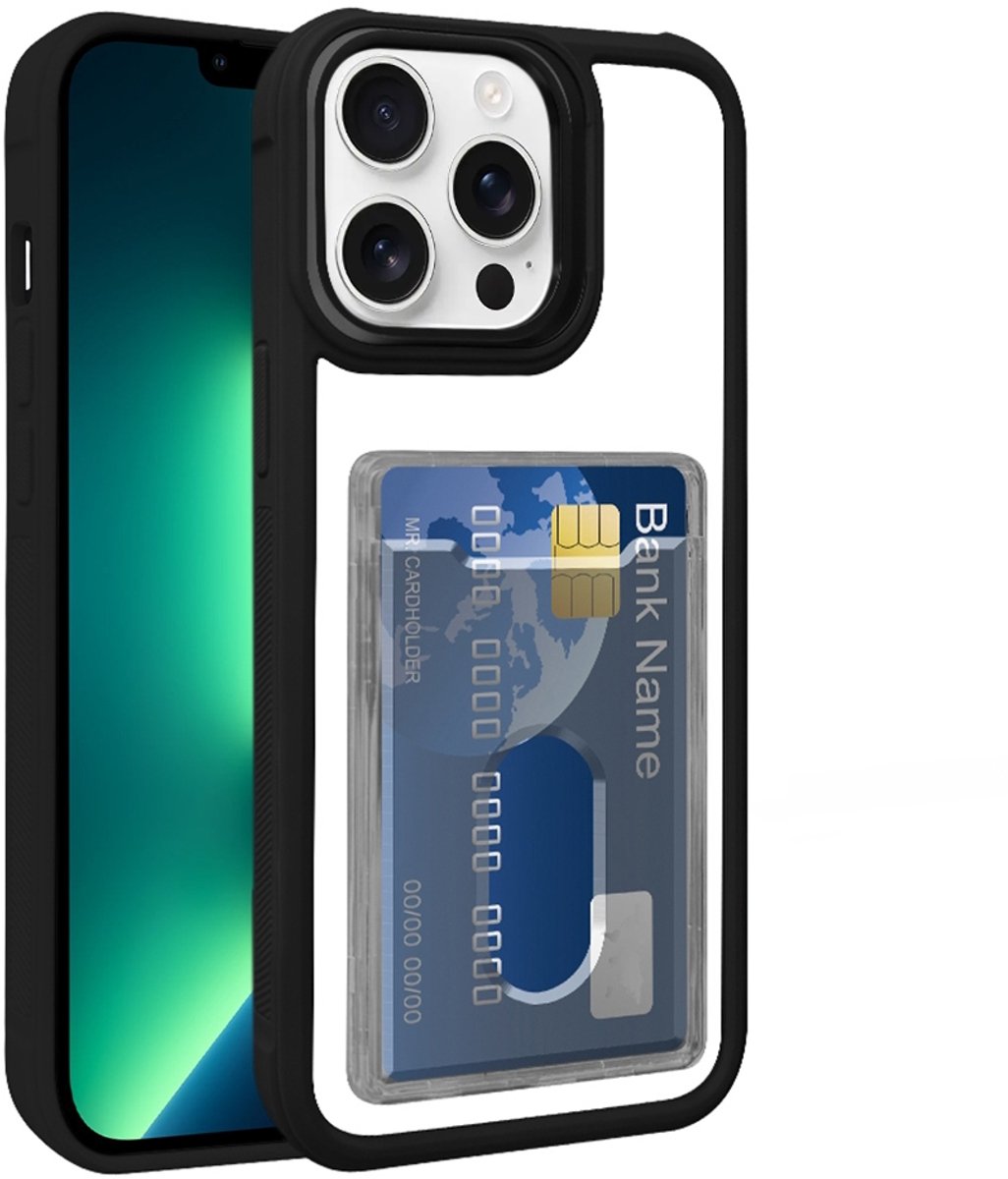 Hoesje met Pasjeshouder voor de iPhone 13 Pro - Electroplated Acryl Hybrid TPU - Zwart