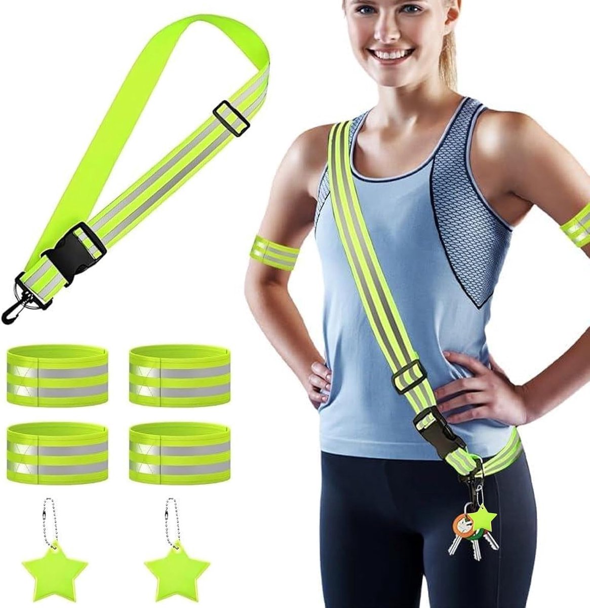 Reflecterende Veiligheidsset – 7-delige Reflectieset met Schouderband, Arm- en Beenbanden en Reflecterende Sterren – Voor Fietsen, Hardlopen, Wandelen en Hond Uitlaten in het Donker – Voor Volwassenen – Fluorescerend Groen – Verstelbaar – 7 Stuks