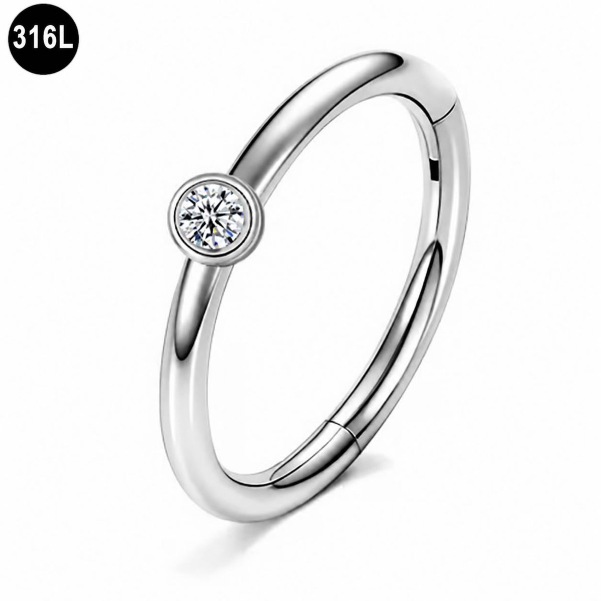 Segment Ring Piercing Zilver 8mm – Helix Clicker met Kristal – 1.2mm 316L Chirurgisch Staal