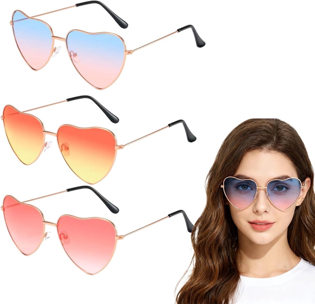 Hartvormige Zonnebrillen Set van 3 - Gepolariseerde Retro Zonnebrillen voor Feestjes, Zomer en Carnaval - Unisex Accessoires voor Volwassenen en Kinderen