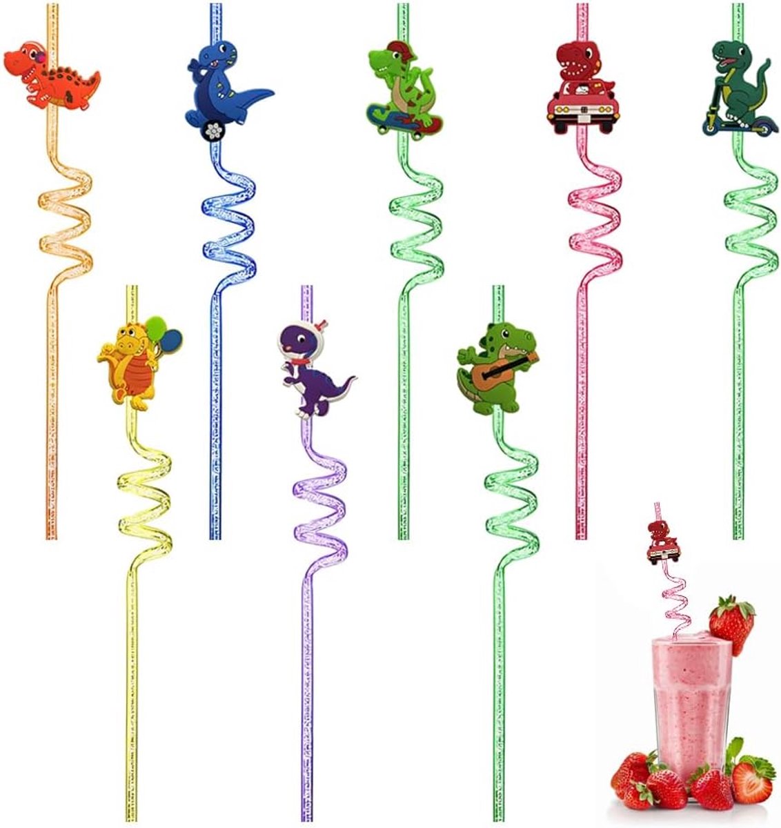 Dino Rietjes 27 cm - Kleurige Spiral Rietjes - Herbruikbaar - Voor Kinderfeestjes - ShopVlot