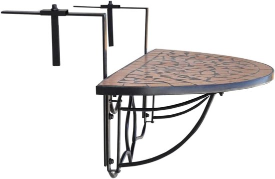 Balkonhangtafel met halfrond keramisch mozaïek tafelblad, ijzeren houder voor leuningen tot 18 cm dikte, praktische salontafel voor dranken en snacks — afbeelding 4