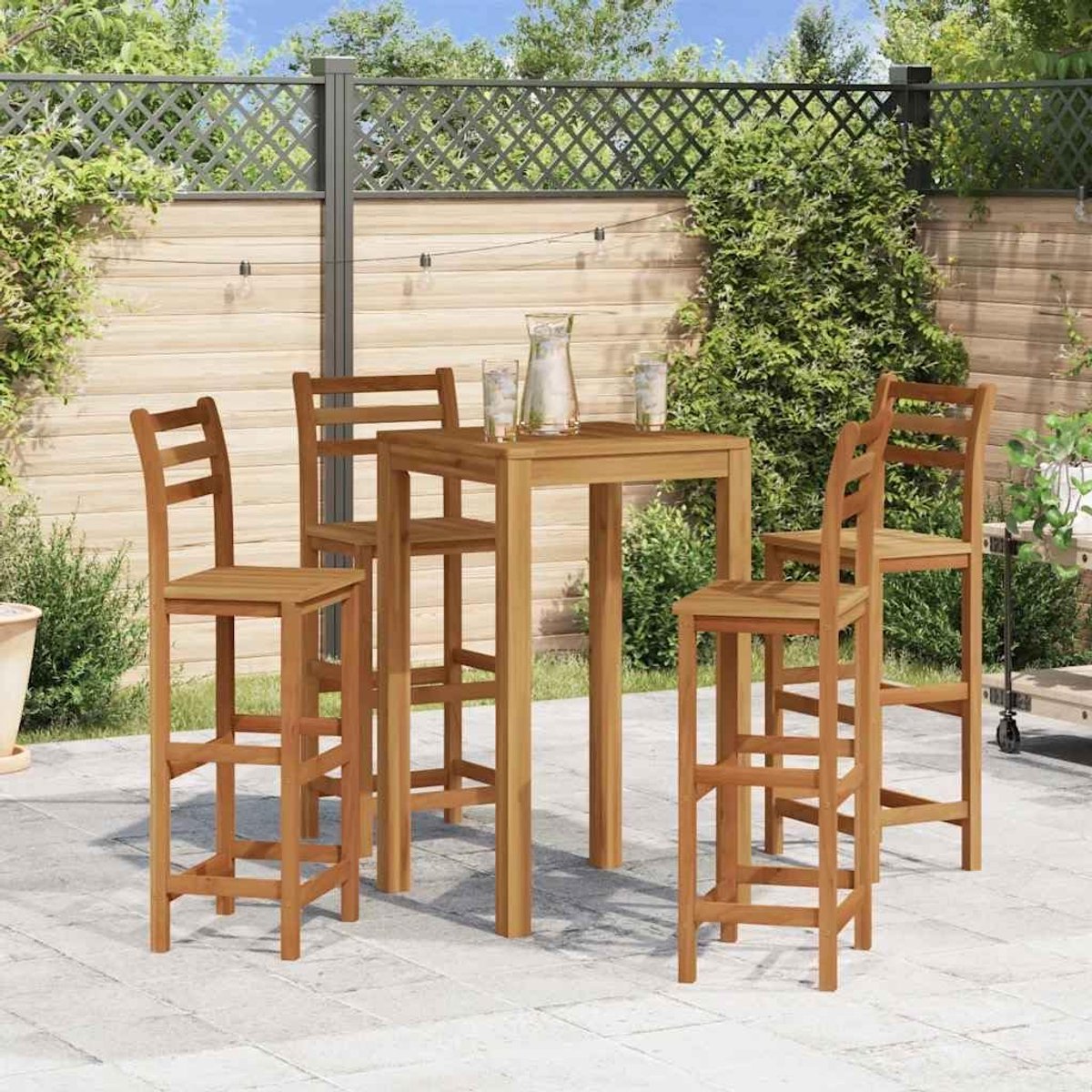 Set van 4 houten barkrukken, acaciahout, massief acaciahout, met rugleuning en voetensteun, voor keuken en tuin, geolied, 110 kg per zitting