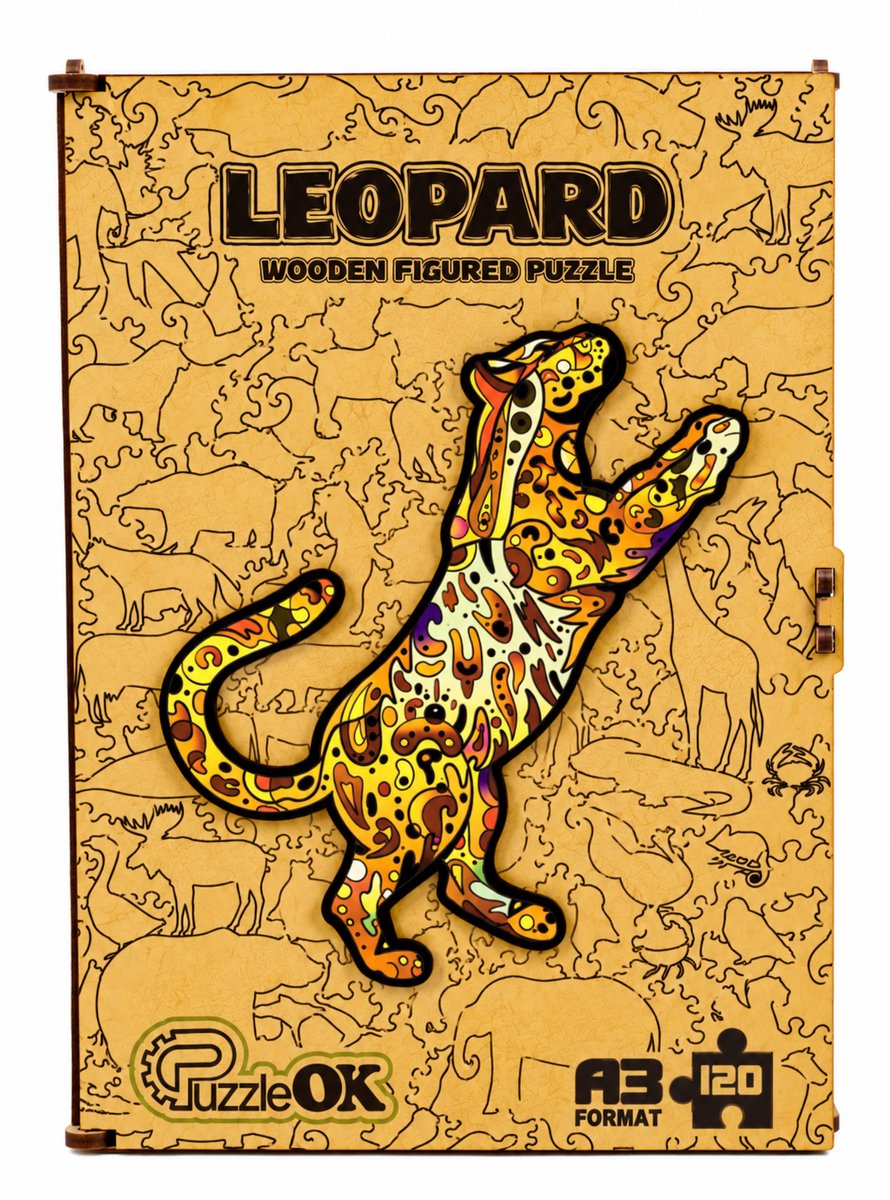 PuzzleOk Leopard – Houten Legpuzzel – A3 – 120 Stukjes – Houten Bewaardoos