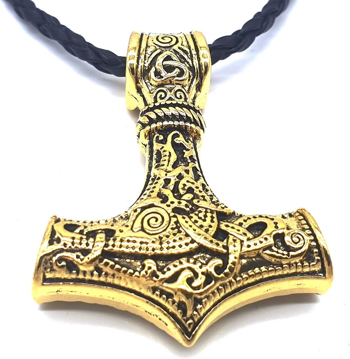 Vikings Viking Pendant Mjölnir Thors Hammer Metal Gold Tone with Leather Collar in Jewellery Bag - ShopVlot