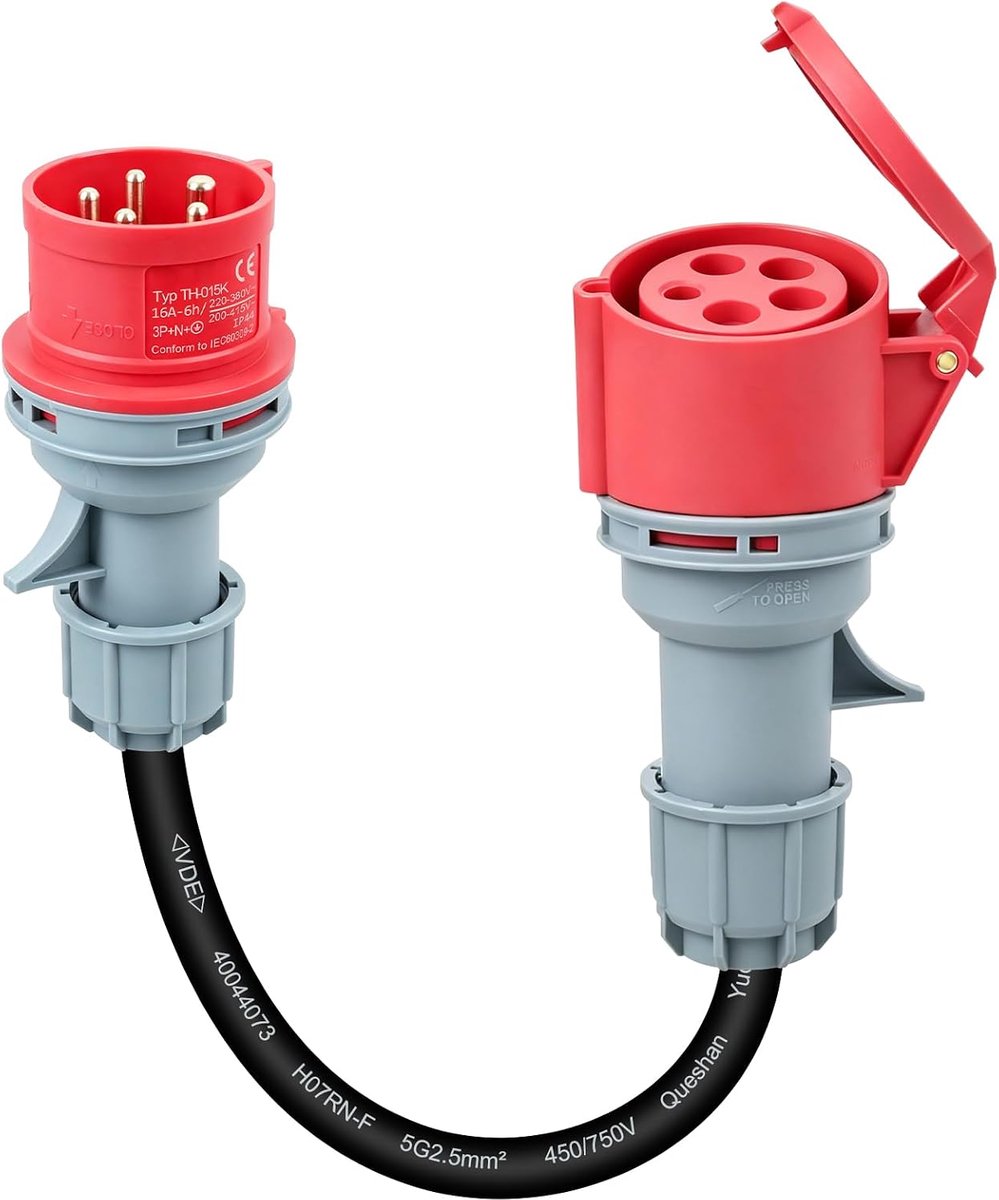 Adapter 16A stekker op 32A koppeling, 3-fase CEE krachtstroomadapter, VED-kabel, 5-kern messing kern, 5x2,5mm² sterke - ShopVlot