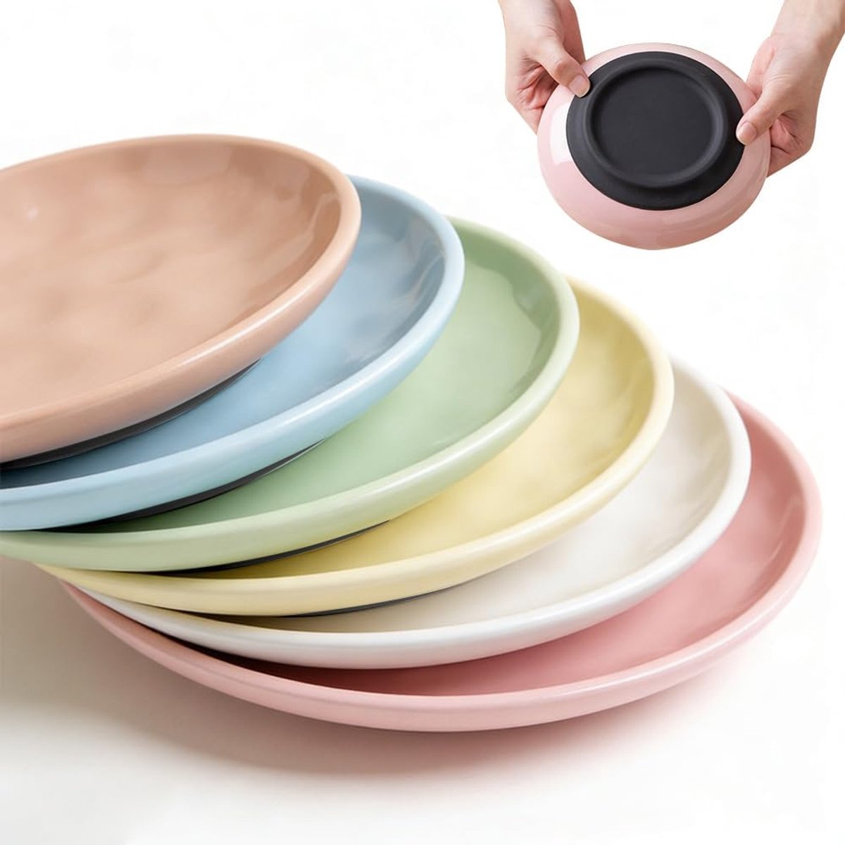 SnelShoppen - Ceramic Cat Feeder Set 6 Stuks met Antislip Siliconen Basis, Brede Platte Voerbakken voor Katten en Kleine Dieren, Hoogwaardige Keramiek