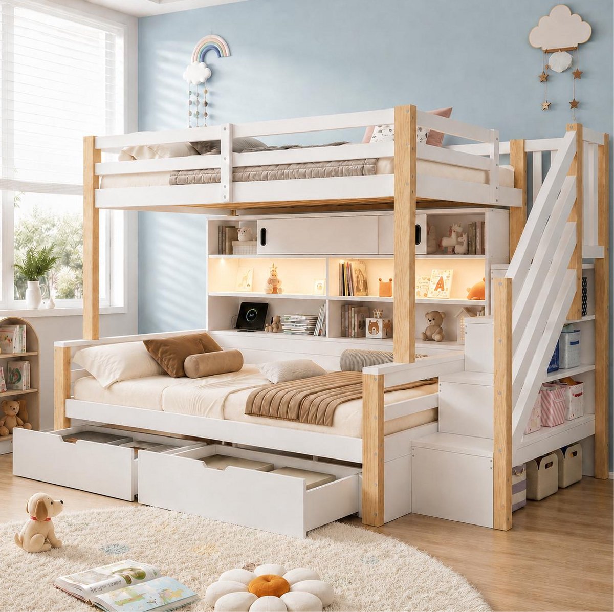 OKWISH Stapelbed 90x200 cm – Kinderbed Met Ledverlichting En Oplaadpunten – Opbergtrap En Schuifdeur – Voor Kinderkamer – Hout En MDF – Wit – Zonder Matras
