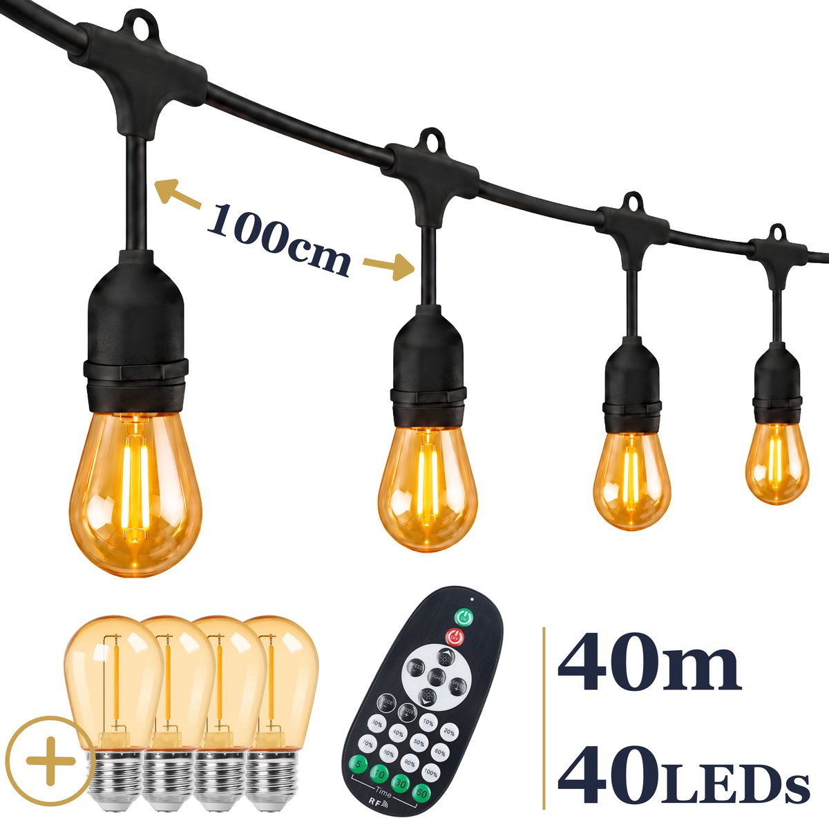 Odaily S14 Lichtsnoer 40m - 40 LEDs Amber - IP65 - Extra Warm Wit Licht - Dimbaar - Premium Kwaliteit