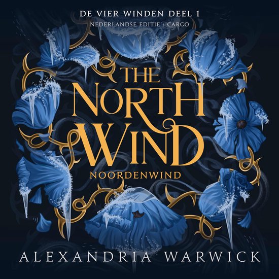 Boekomslag van 'The North Wind' met blauwe bloemen met rijp en gouden krullen.