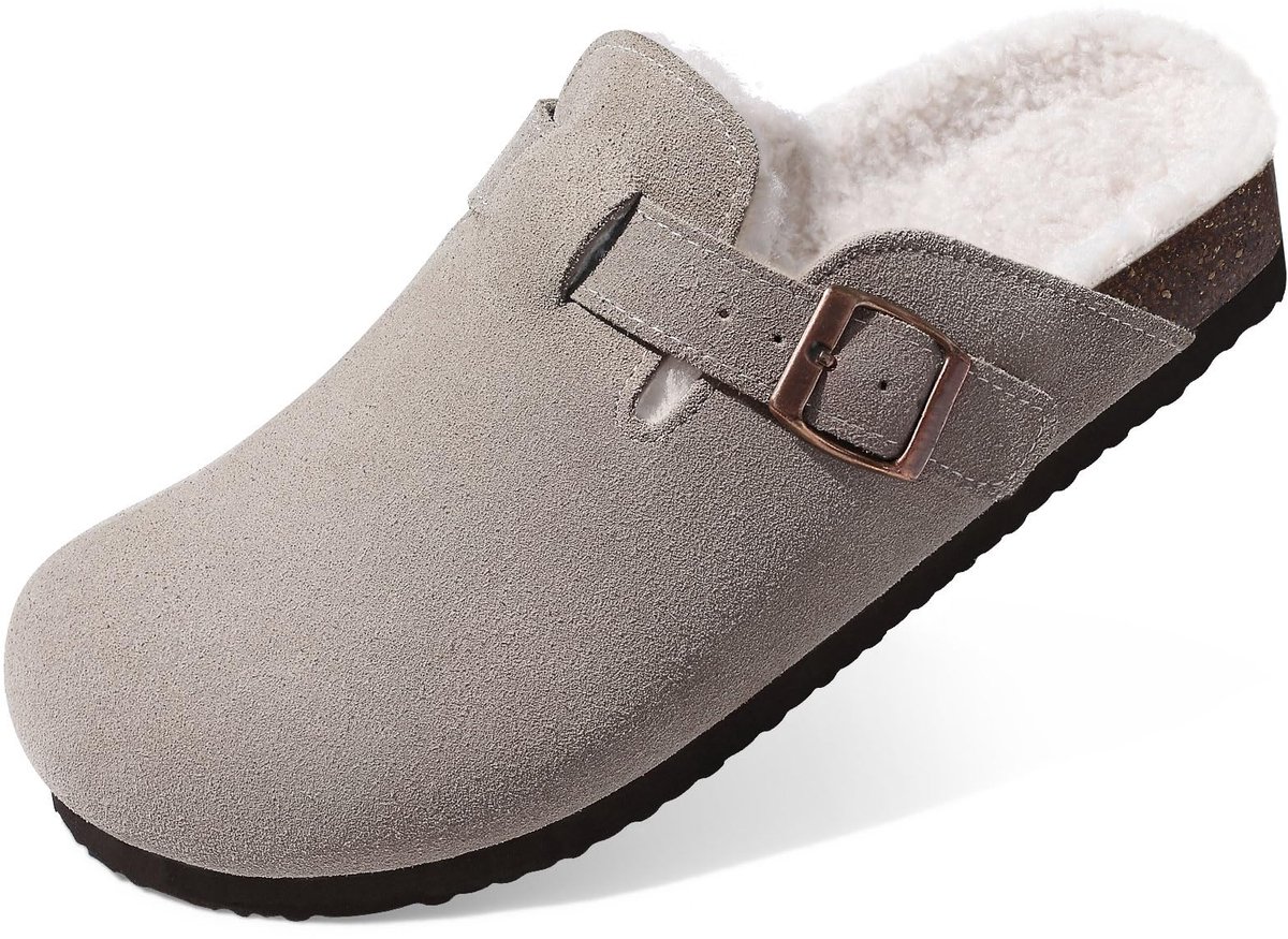 Homaxy - Unisex Clogs - Klompen Voor Dames - Klompen Van Echt Suède Met Bontvoering - Houten Cogs - Grijs - 37 - Geschikt voor een voetlengte van 22.9cm